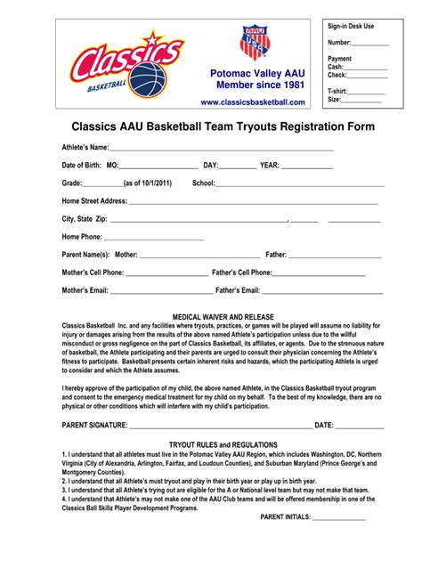 aau basketball registration form template.